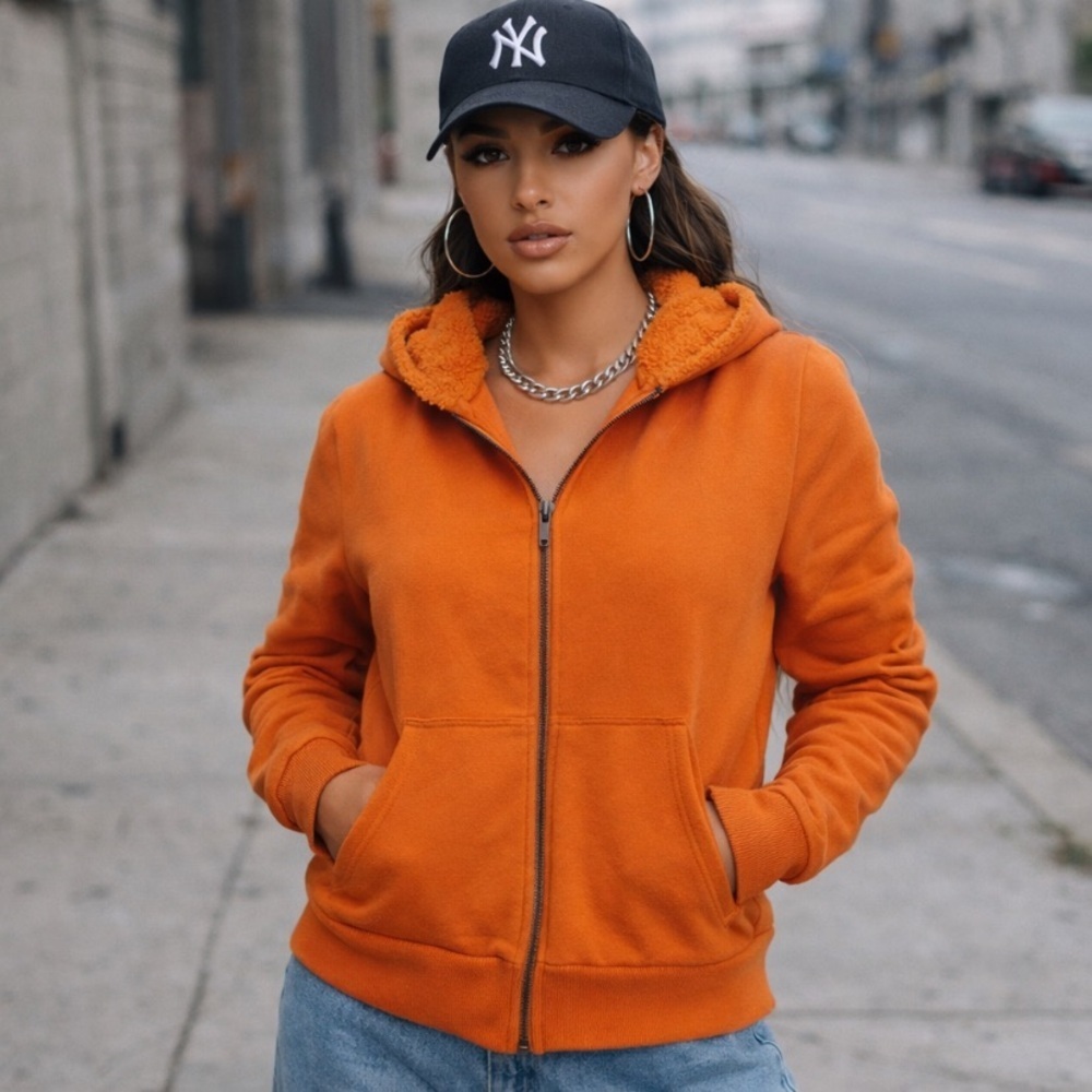 One Step Up "NEW" Orange Sporty Outdoor Full Zip Fleece Lined Hoodie Size L